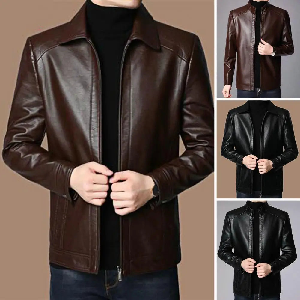 Men’s Faux Leather Motorcycle Jacket with Stand Collar