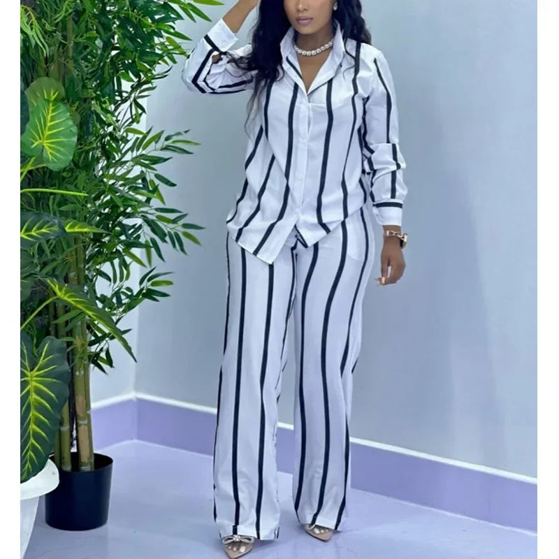 Fashion Stripe Two-Piece Set for Women – Button-Up Long Sleeve Shirt & Wide-Leg Pants