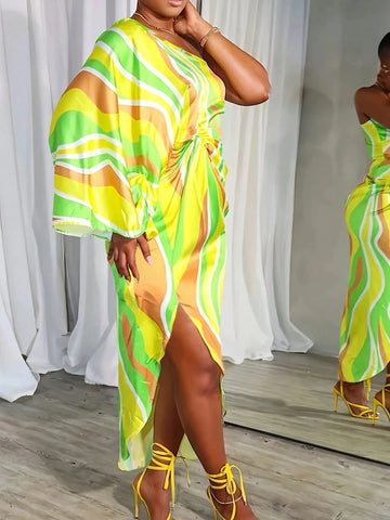Women’s Asymmetrical One-Shoulder Maxi Dress – Contrasting Print