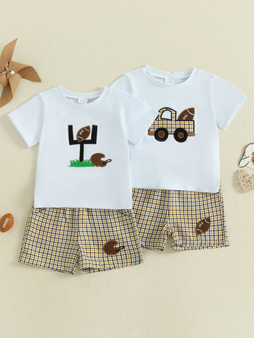 Toddler Boys Summer Outfit – Car & Rugby Tee with Plaid Shorts