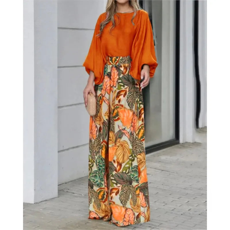 Summer Women’s Two-Piece Set – Lantern Sleeve Top & Printed Wide-Leg Pants | Casual Chic Outfit