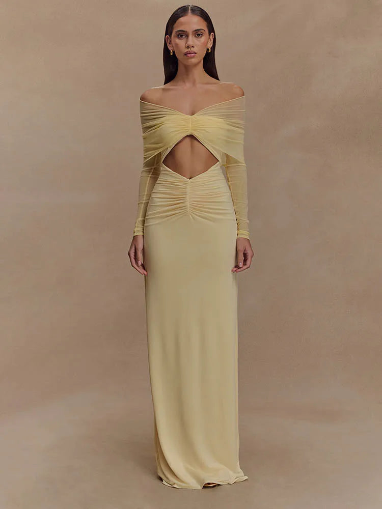 Women’s Off-Shoulder Hollow-Out Maxi Dress – Sexy Ruched Club Party Outfit