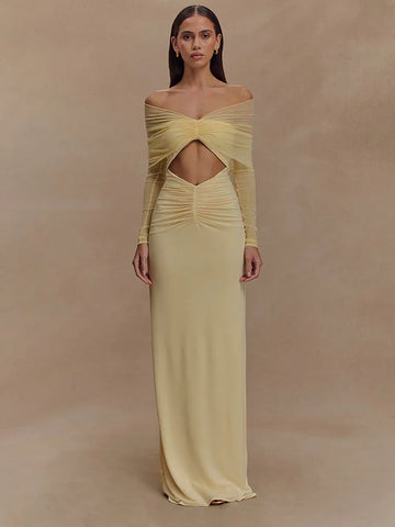 Women’s Off-Shoulder Hollow-Out Maxi Dress – Sexy Ruched Club Party Outfit