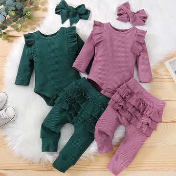 Baby Girl 3-Piece Outfit – Ruffle Romper, Pants & Bow Headband
