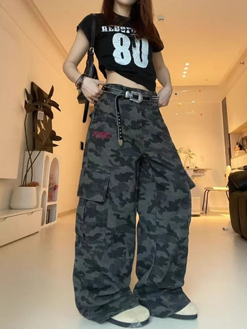 Y2K Retro Embroidered Wide-Leg Jeans for Women – High-Waisted Casual Pants