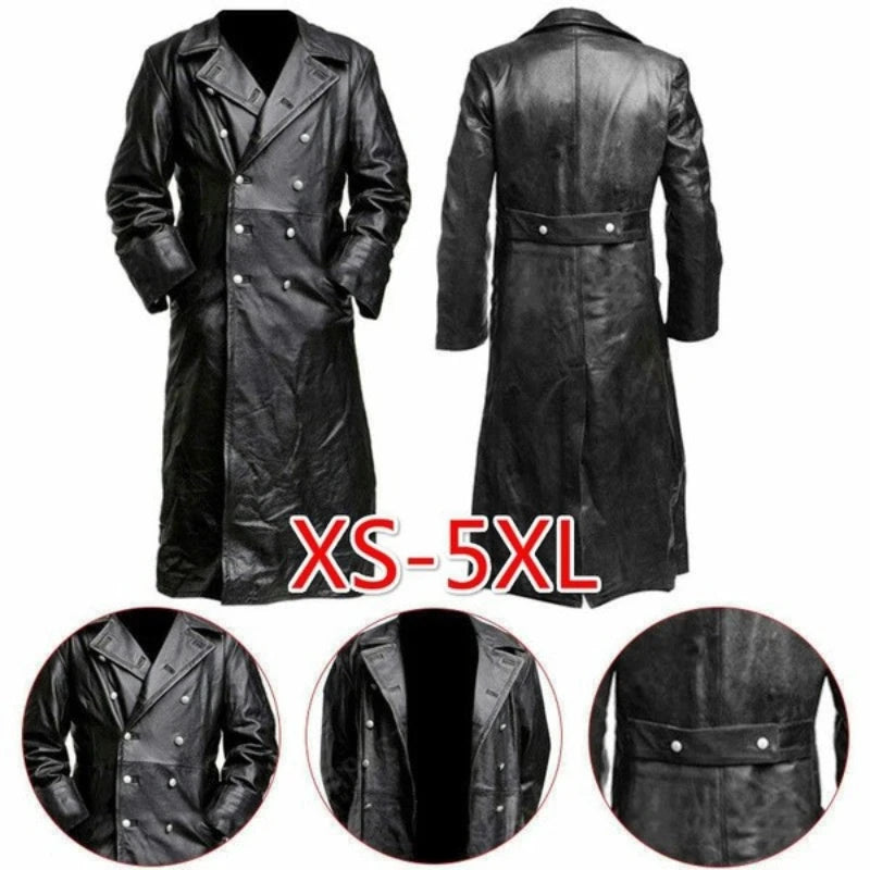 Men’s German Classic WW2 Military Black Leather Trench Coat