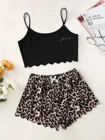 Women’s Leopard Print Pajama Set – Sexy V-Neck Lingerie Sleepwear