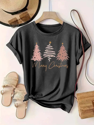 Plus-Size Women's Oversized Pink Xmas Tree T-Shirt – Merry Christmas Graphic Short Sleeve Top