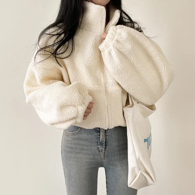 Women’s Fleece-Lined Stand Collar Zip-Up Short Jacket – Autumn/Winter