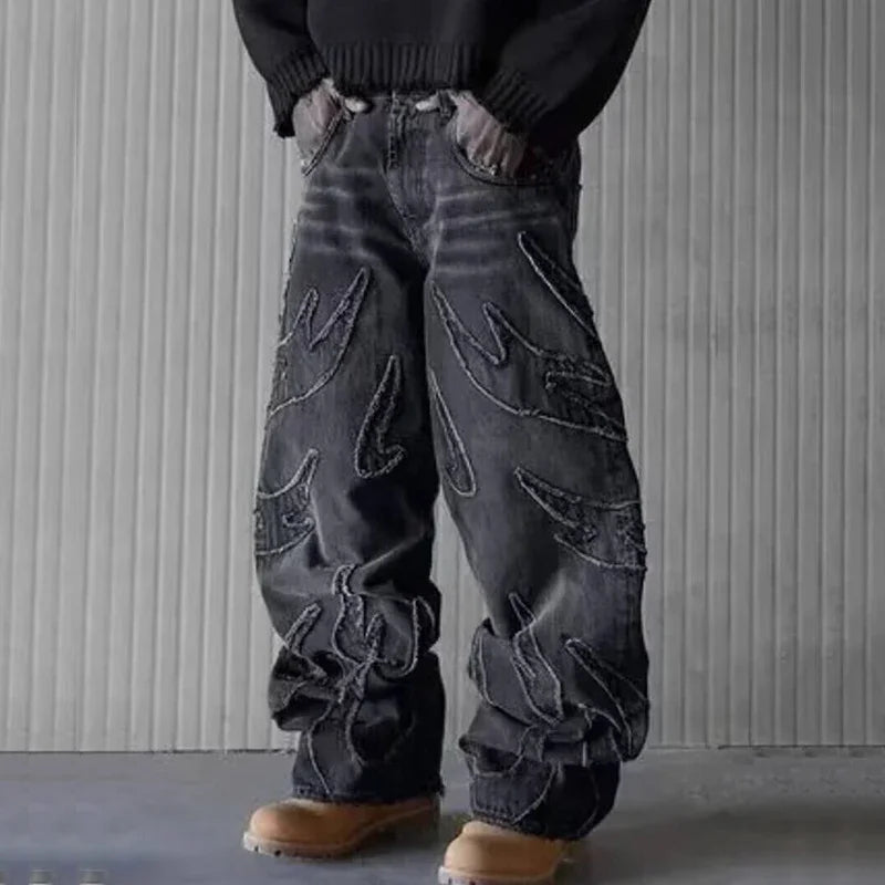 Men’s Baggy Streetwear Jeans – Retro Wide Leg Embroidered Denim