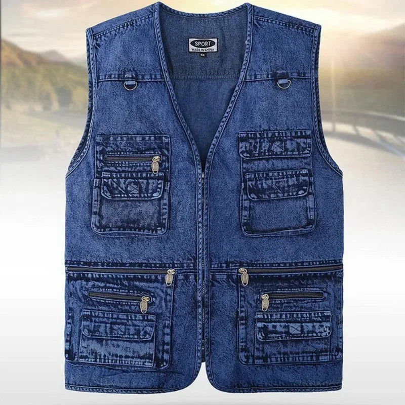 Men’s Dark Blue Black Denim Vest Jacket