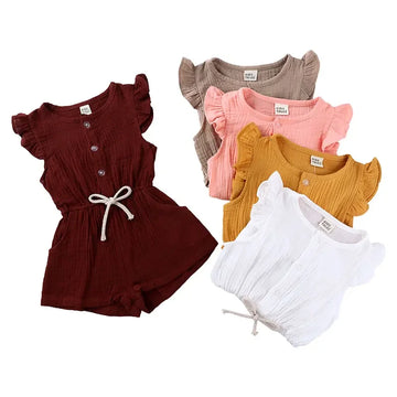 Girls Cotton Linen Romper – Short Sleeve Jumpsuit