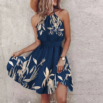 Women’s Summer Floral Halter Mini Dress – Sleeveless Boho Beach Sundress