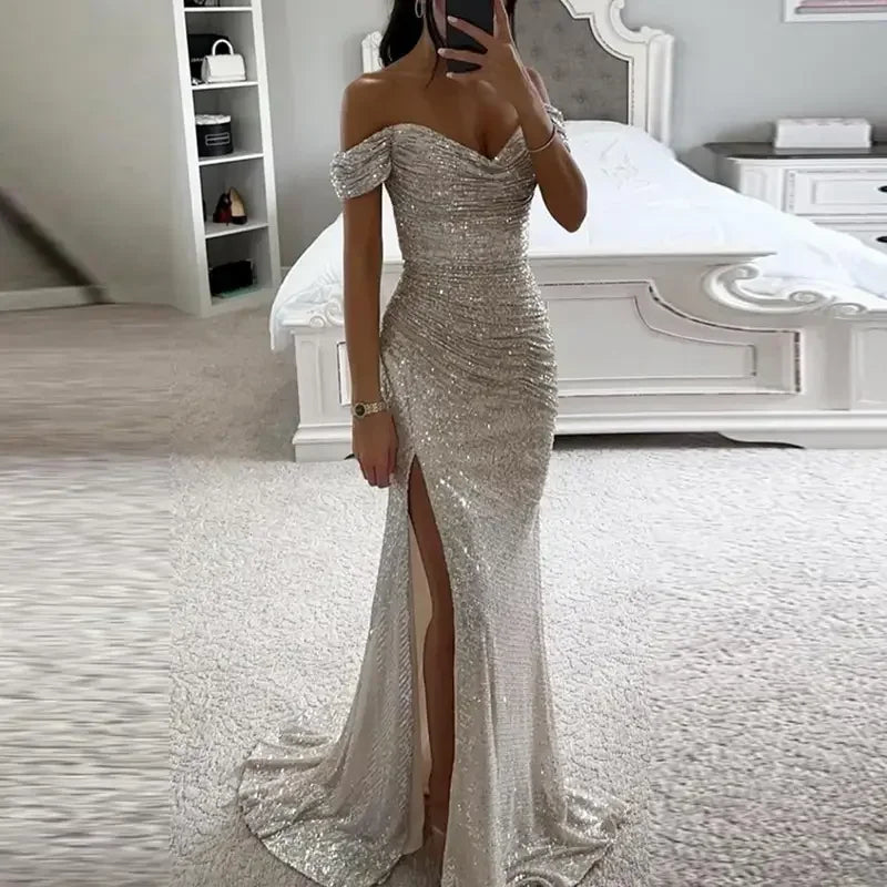 Women’s Luxury Sequin Fishtail Gown – Off-Shoulder Sparkling Split Prom & Party Dress