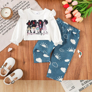 Baby Girl 2-Piece Outfit – Long-Sleeve Cartoon Top & Pants Set