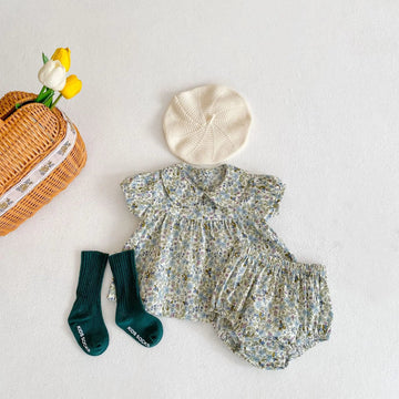Baby Girl Summer Outfit – Flower Doll Collar Short-Sleeve Shirt & Pants Set