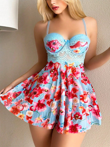 Floral Lace Babydoll Nightgown – Women’s Lingerie Dress with Thong