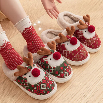 Fluffy Christmas Reindeer Slippers – Unisex Winter Plush Indoor House Shoes, Warm Anti-Slip Slides for Women & Men
