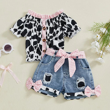 Girls Summer Outfit – Printed Top & Denim Shorts with Belt