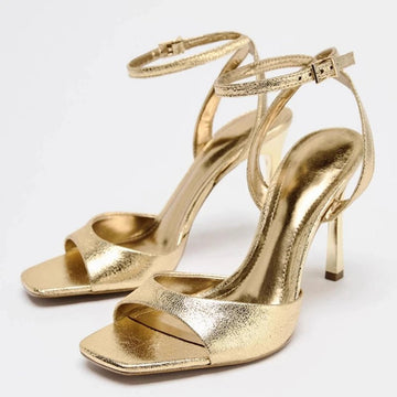 Gold Patent Leather Ankle Buckle High Heels