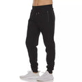 Black drawstring jogger sweatpants with zip pockets and tapered legs, front view