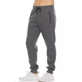 Dark gray drawstring jogger sweatpants with zip pockets and tapered legs, front view