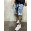 Men's blue distressed denim shorts worn with a dark t-shirt, showing ripped details at the front