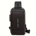 Dark brown and black sling chest bag with a combination lock, front view