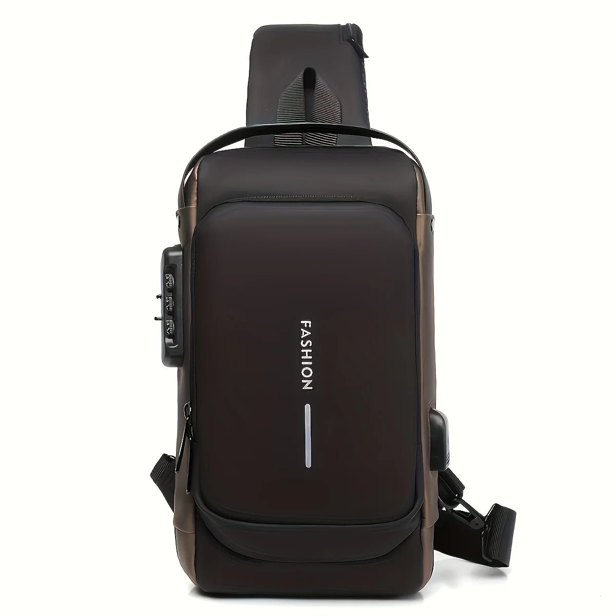 Dark brown and black sling chest bag with a combination lock, front view