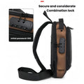 Side view of the sling chest bag showing the shoulder strap and a close-up of the combination lock