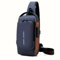 Blue sling chest bag with a combination lock, front view