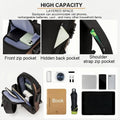 Infographic of the sling chest bag showing its front zip pocket, hidden back pocket, strap zip pocket and inner layout