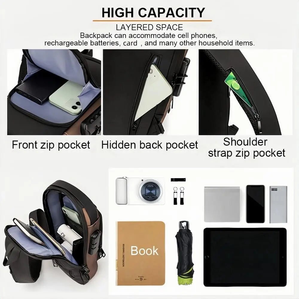 Infographic of the sling chest bag showing its front zip pocket, hidden back pocket, strap zip pocket and inner layout