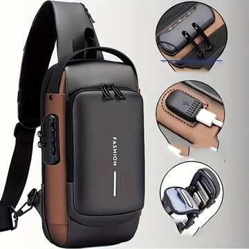 Black and brown sling chest bag with a combination lock, with close-up circles of a cable port and inner compartments