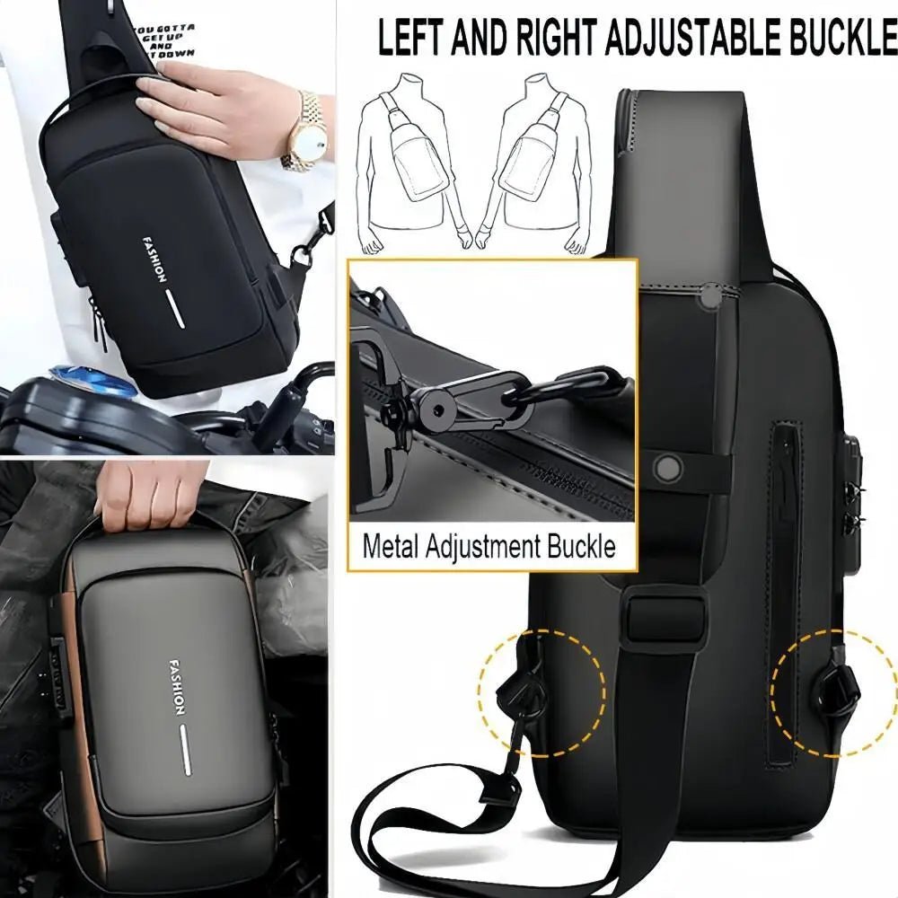 Black sling chest bag with a diagram of the adjustable shoulder strap buckle