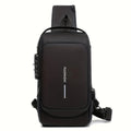 Black sling chest bag with a combination lock, front view
