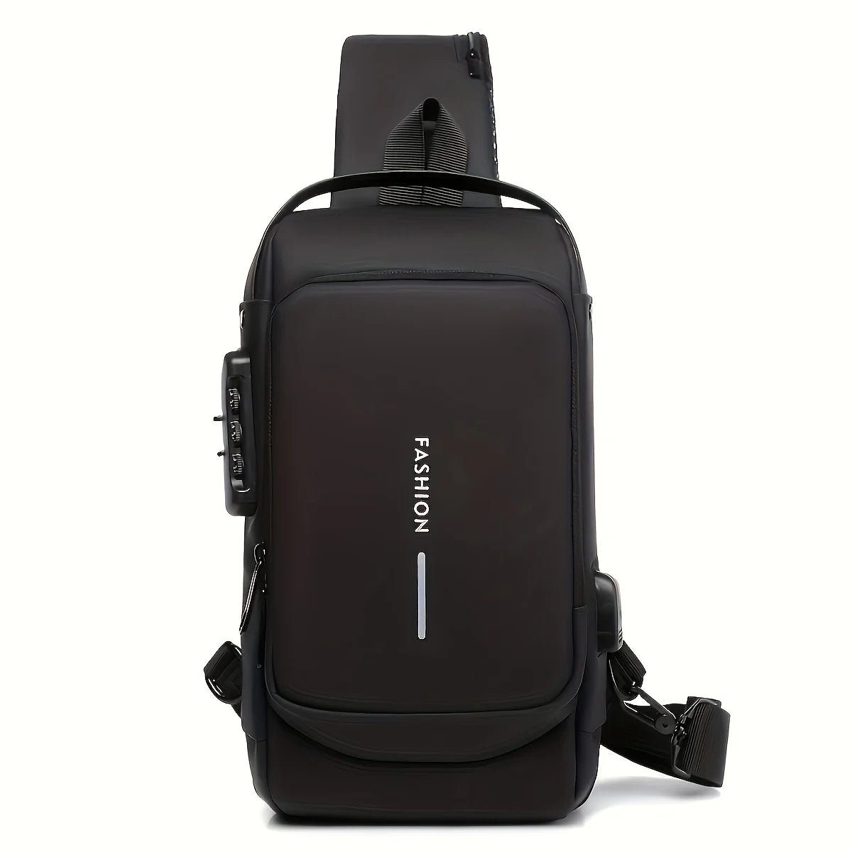 Black sling chest bag with a combination lock, front view