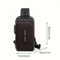 Dark brown and black sling chest bag, front view with dimension labels