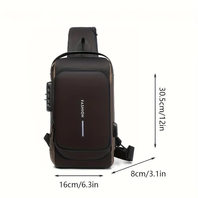 Dark brown and black sling chest bag, front view with dimension labels