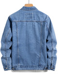 Back of a blue denim jacket on a wooden hanger, showing seam lines across the yoke