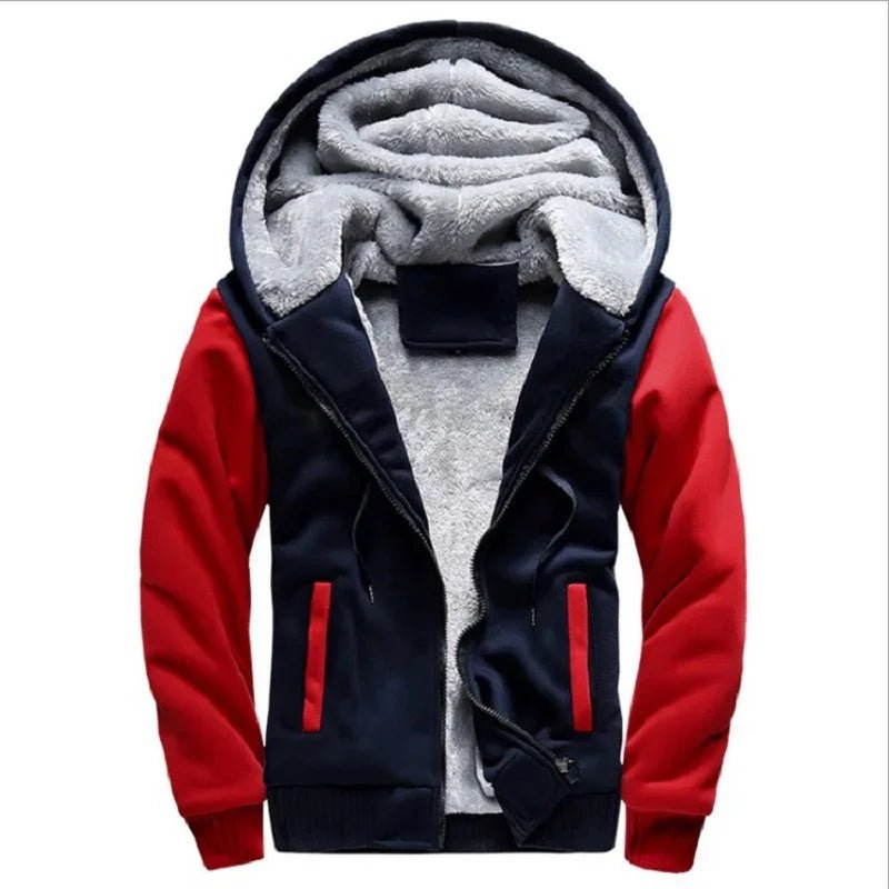 Navy hooded zip jacket with bright red sleeves, red zip pockets and a fluffy-looking lining