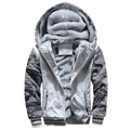 Light grey hooded zip jacket with grey camouflage sleeves and a fluffy-looking lining