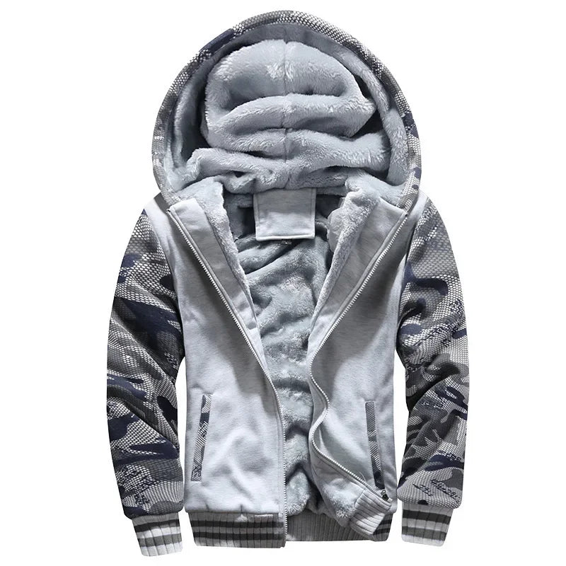 Light grey hooded zip jacket with grey camouflage sleeves and a fluffy-looking lining