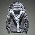 Grey and black camouflage hooded zip jacket on a dark background, with a fluffy-looking lining