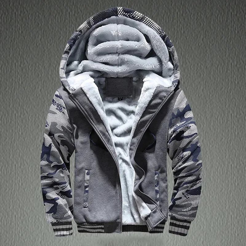 Grey and black camouflage hooded zip jacket on a dark background, with a fluffy-looking lining