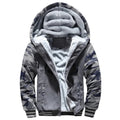 Grey camouflage hooded zip jacket with a thick fluffy-looking lining in the hood and body