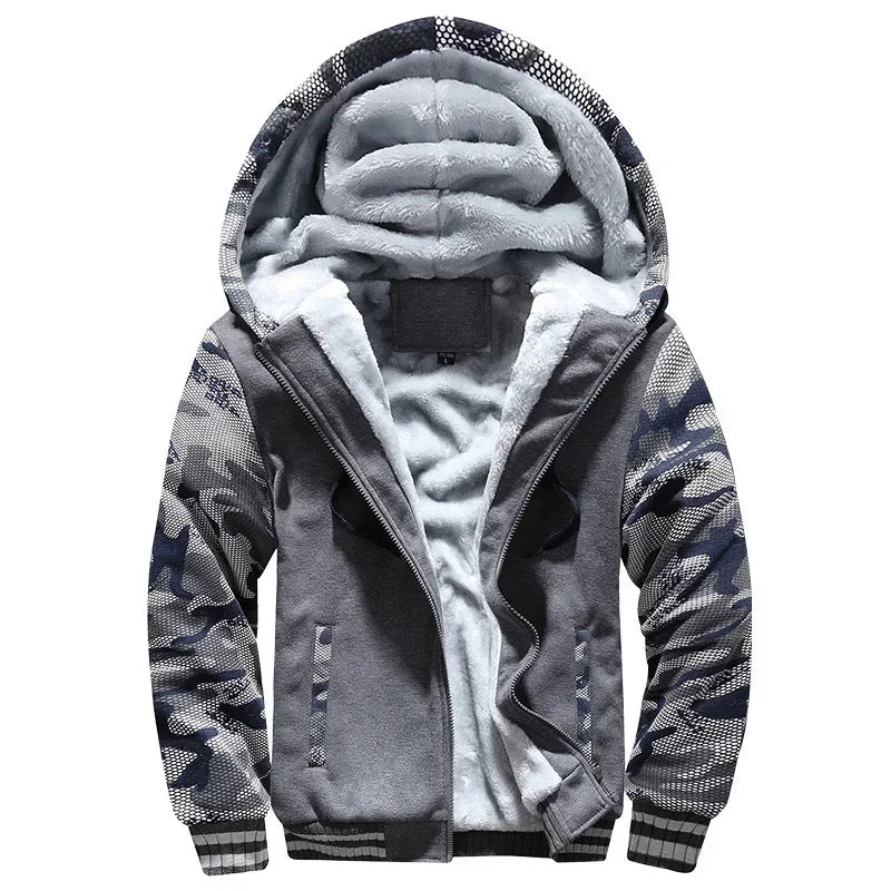 Grey camouflage hooded zip jacket with a thick fluffy-looking lining in the hood and body