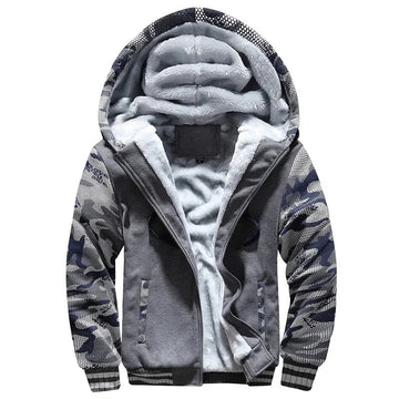 Grey camouflage hooded zip jacket with a thick fluffy-looking lining in the hood and body