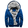 Plain blue hooded zip jacket open to show a fluffy-looking lining and a small blank label