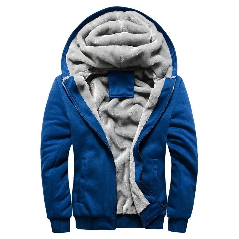 Plain blue hooded zip jacket open to show a fluffy-looking lining and a small blank label